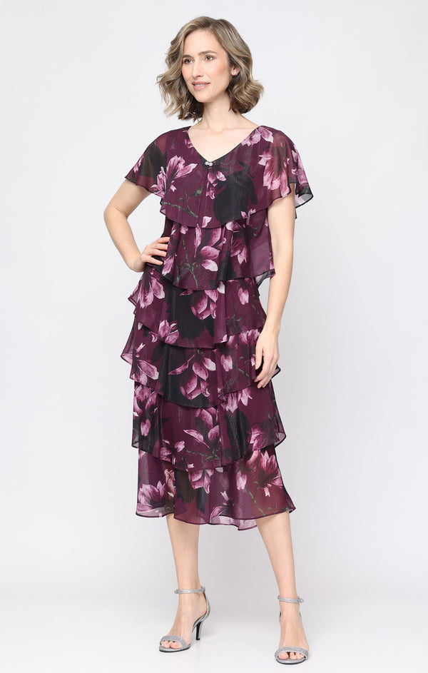 SL Fashions 9172222 V-Neck Midi Chiffon Cocktail Dress Floral