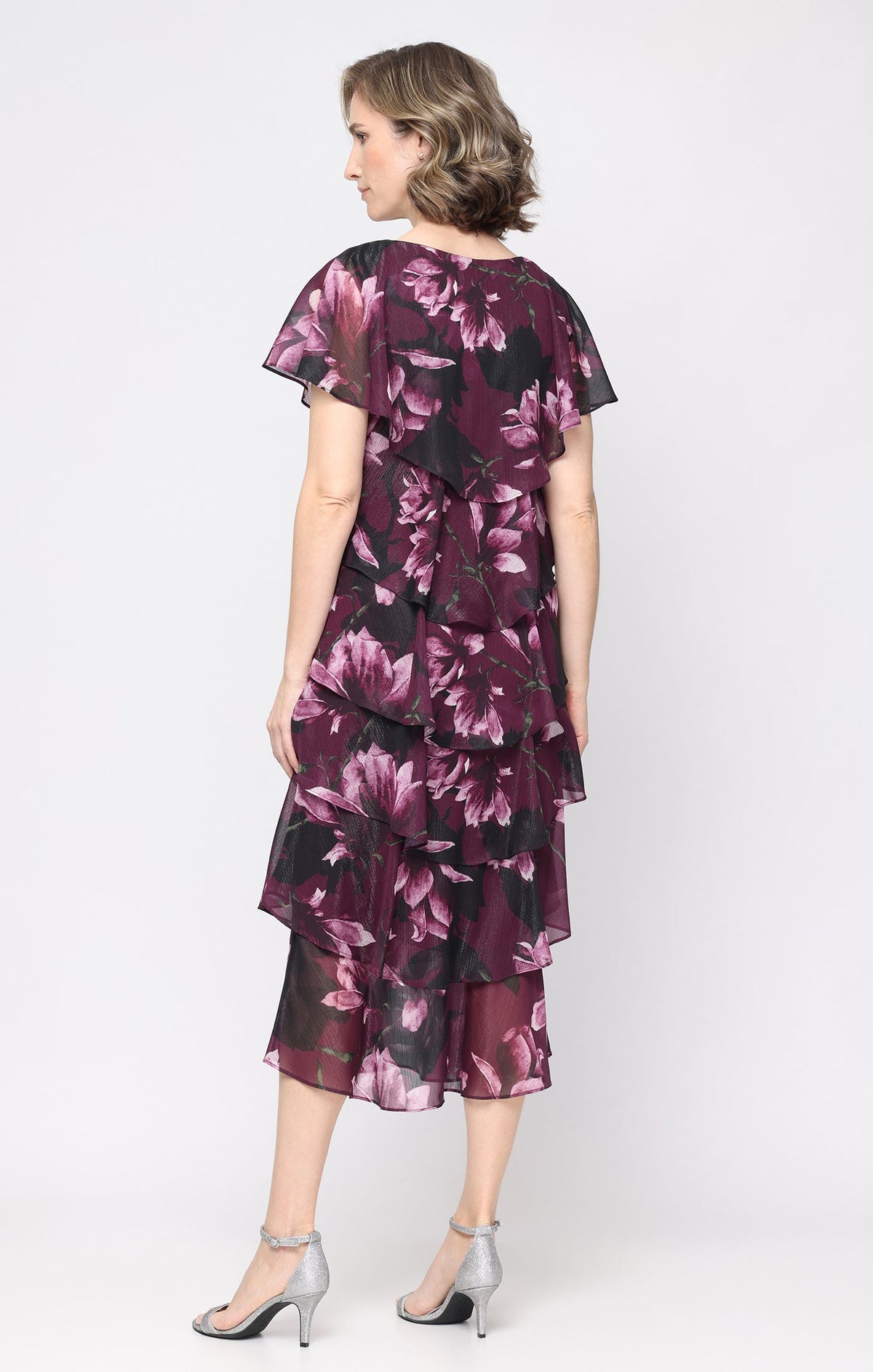 Plum Multi SL Fashions 9172222 V-Neck Midi Chiffon Cocktail Dress Floral