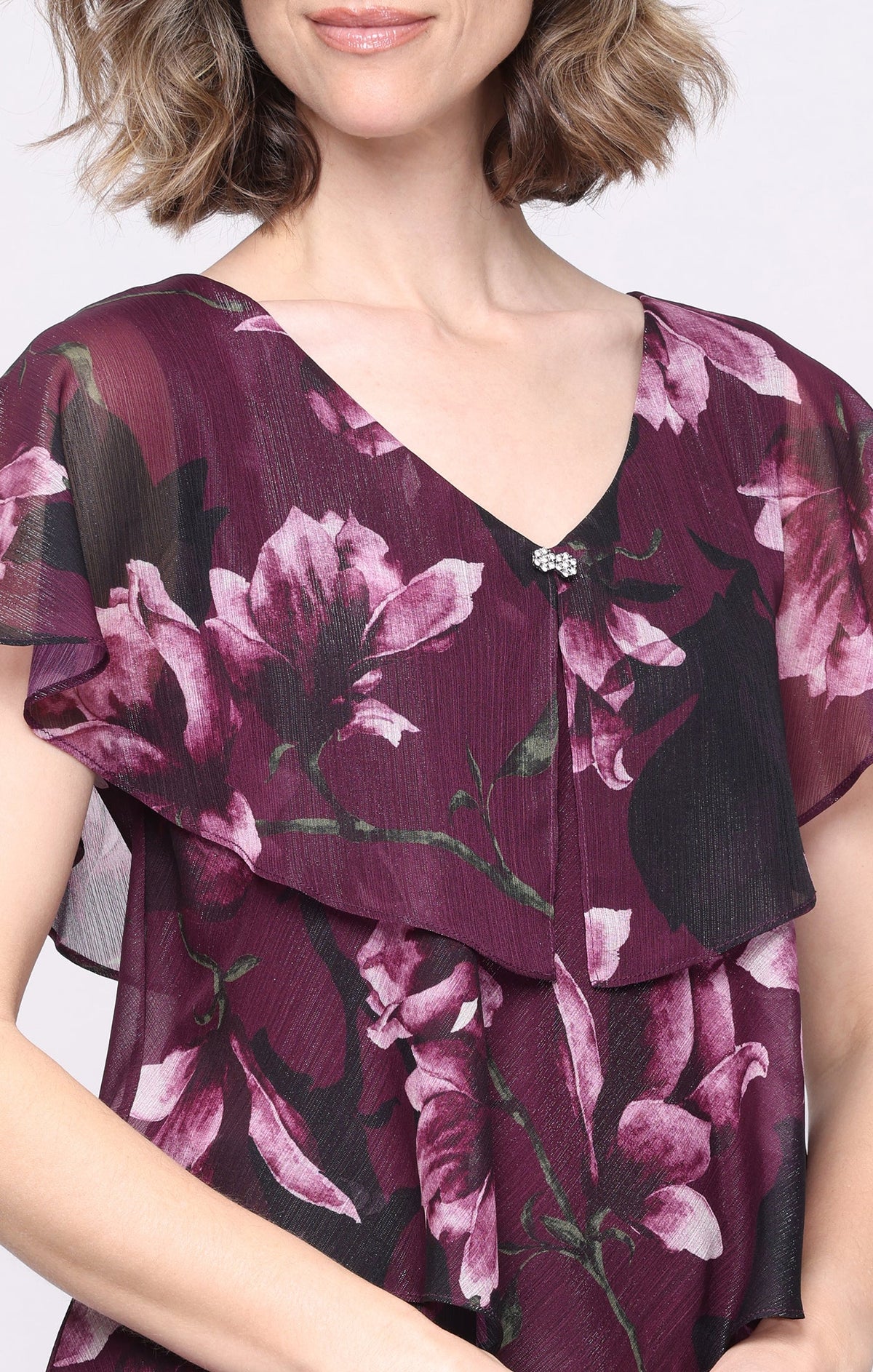 Plum Multi SL Fashions 9172222 V-Neck Midi Chiffon Cocktail Dress Floral