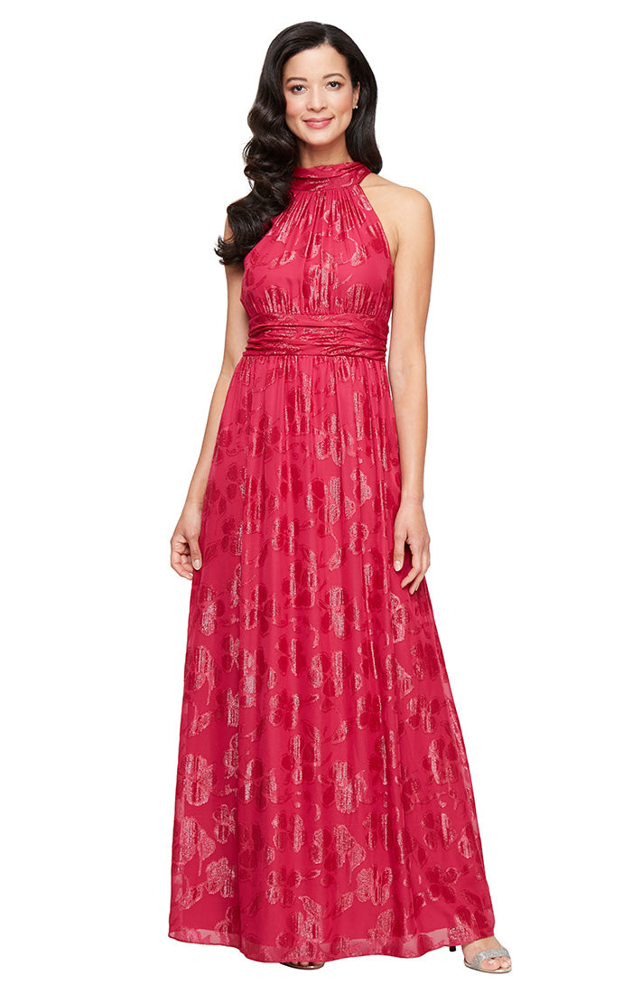 SL Fashions 9274119 Long Formal A Line Printed Petite Dress