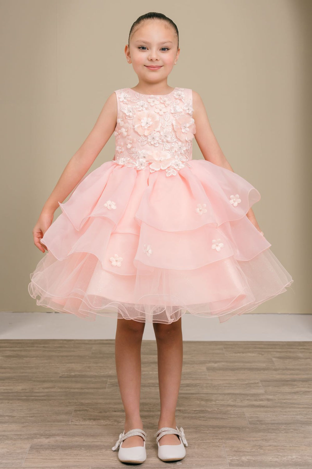 Flower Girl Dresses 3D Floral Ruffle A Line Print Mini Flower Girl Dress Peach