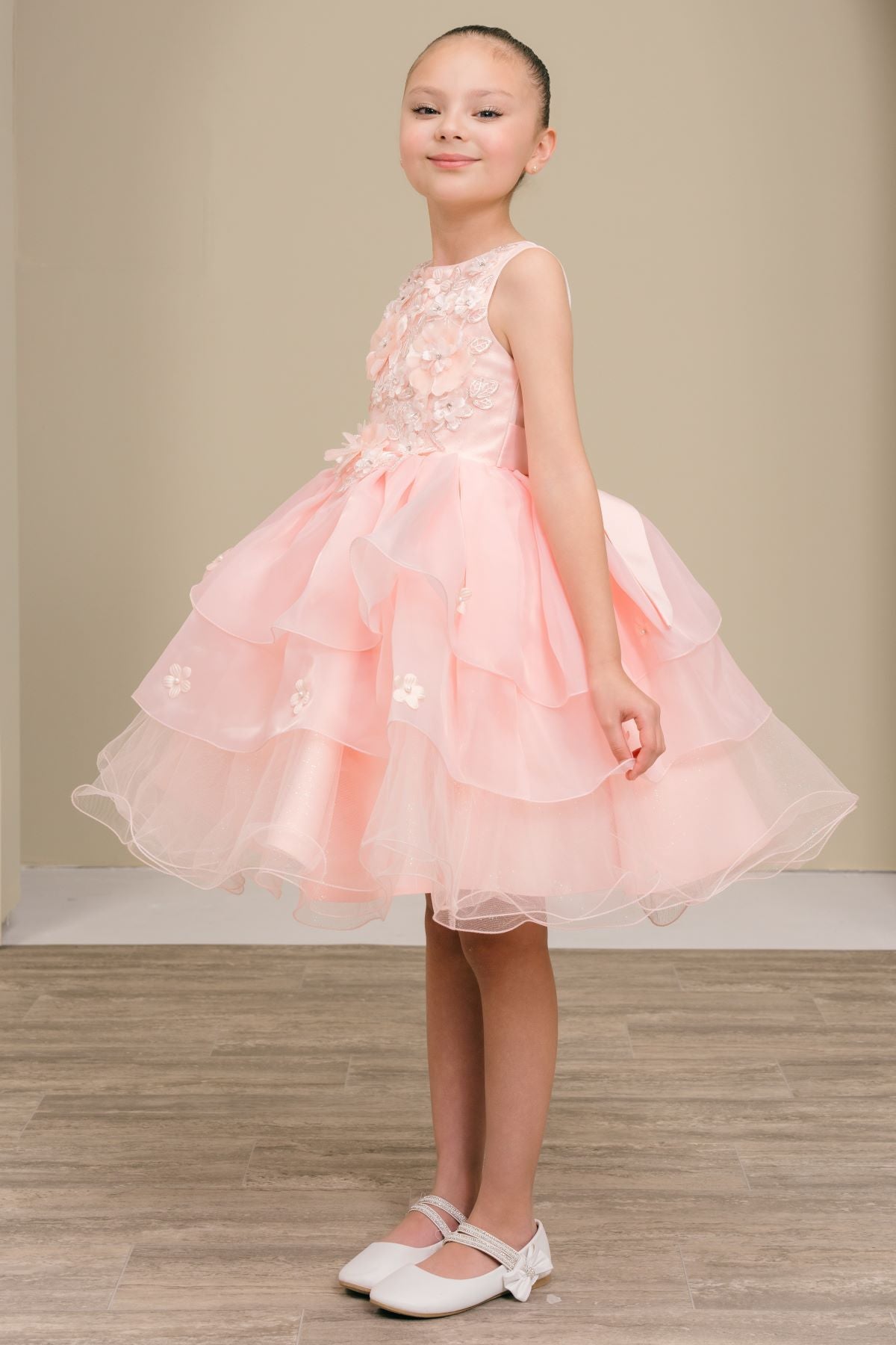Flower Girl Dresses 3D Floral Ruffle A Line Print Mini Flower Girl Dress Peach