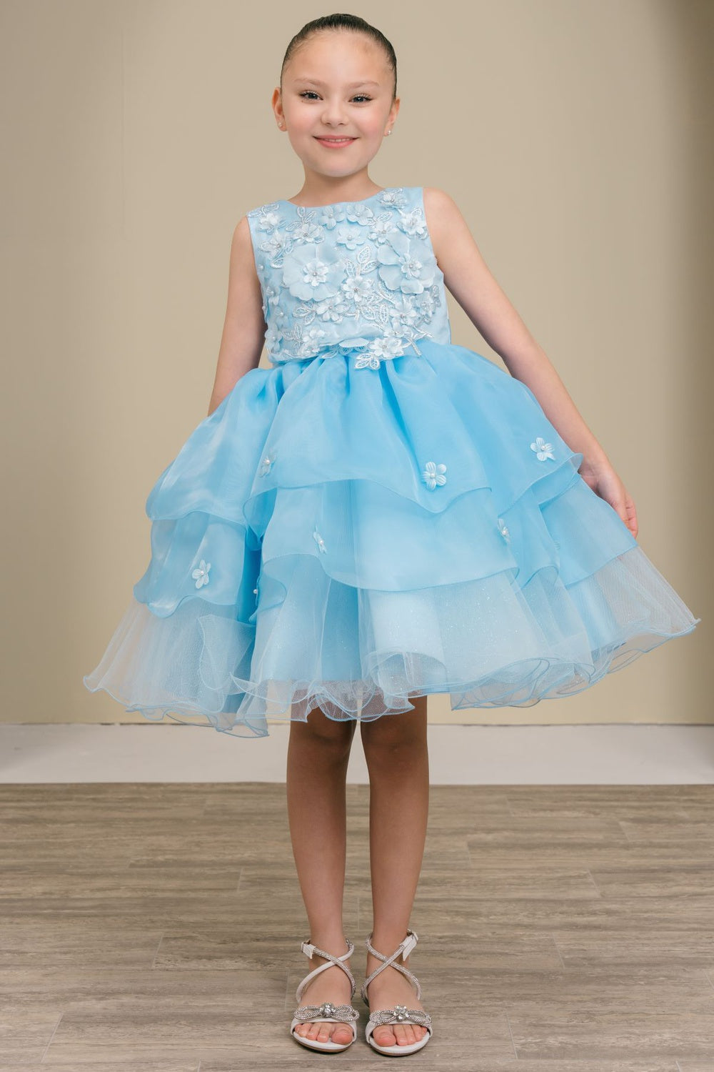 Flower Girl Dresses 3D Floral Ruffle A Line Print Mini Flower Girl Dress Blue