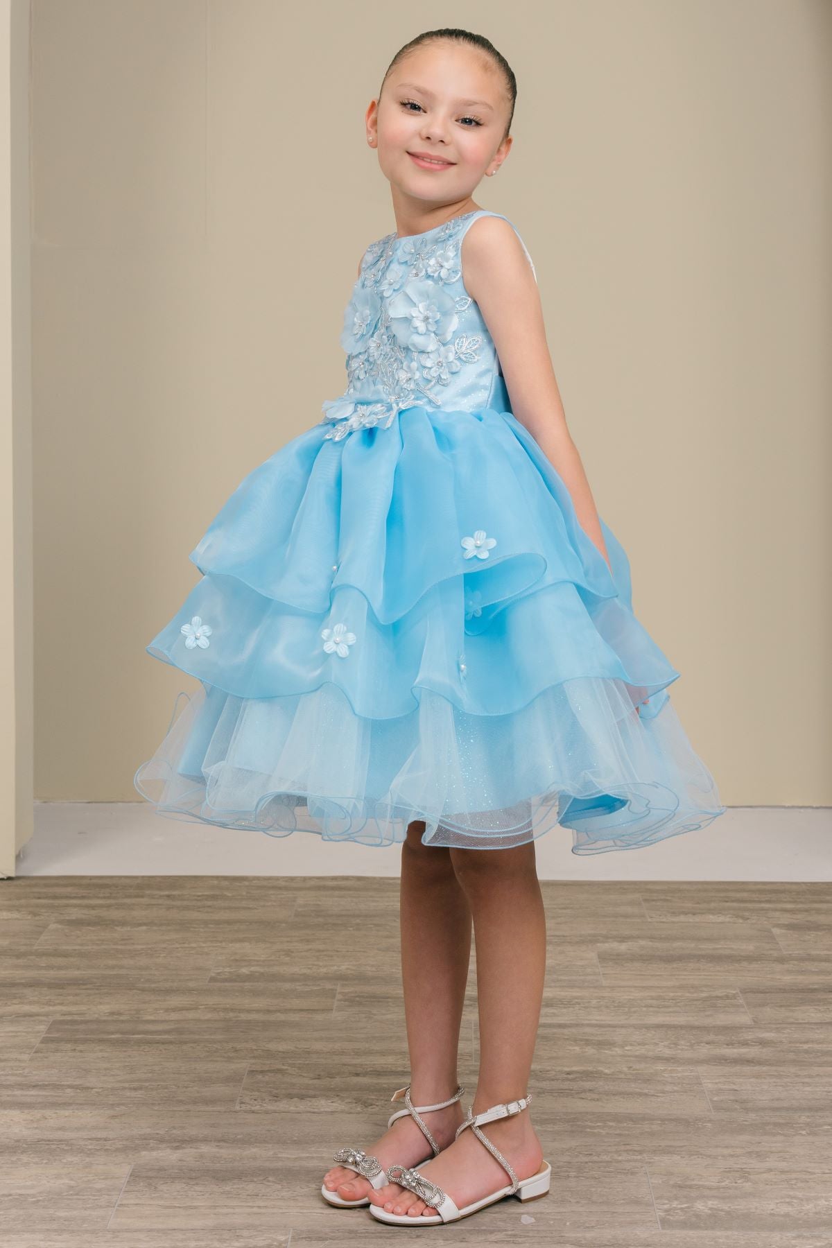 Flower Girl Dresses 3D Floral Ruffle A Line Print Mini Flower Girl Dress Blue