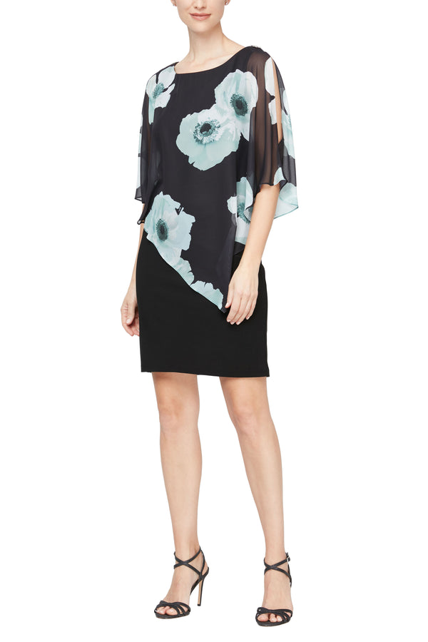 SL Fashions 9177473 Short Floral Print Capelet Cocktail Dress