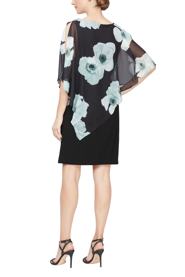 SL Fashions 9177473 Short Floral Print Capelet Cocktail Dress