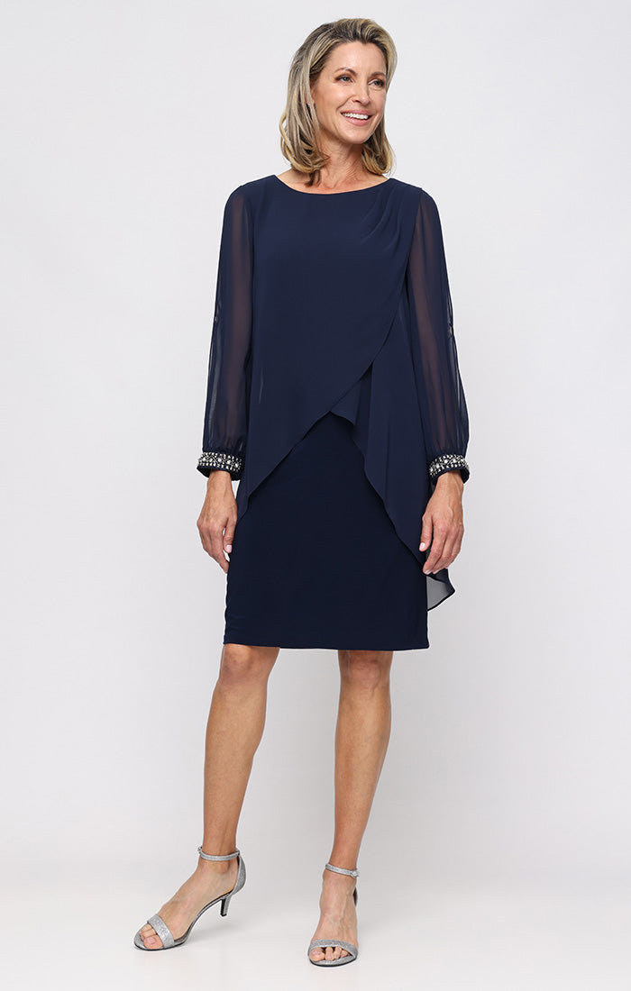 Navy Scoop Knee-Length Chiffon Shift Dress with Beaded Cuffs SL Fashions 9477534