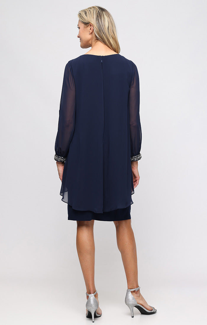 Navy Scoop Knee-Length Chiffon Shift Dress with Beaded Cuffs SL Fashions 9477534