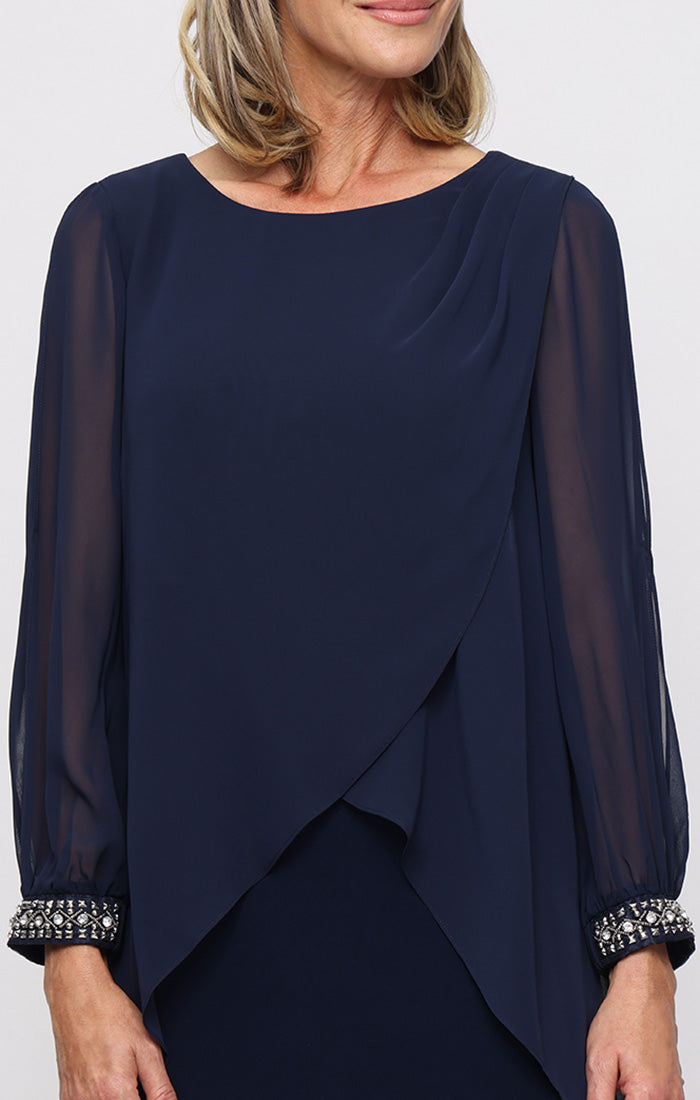 Navy Scoop Knee-Length Chiffon Shift Dress with Beaded Cuffs SL Fashions 9477534