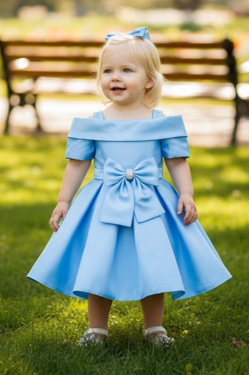 Off-the-Shoulder Knee-Length Satin Flower Girl A-Line Dress Cinderella Couture 9177B
