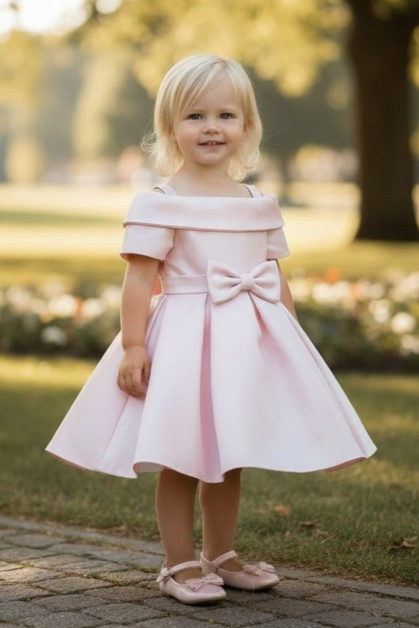 Off-the-Shoulder Knee-Length Satin Flower Girl A-Line Dress Cinderella Couture 9177B