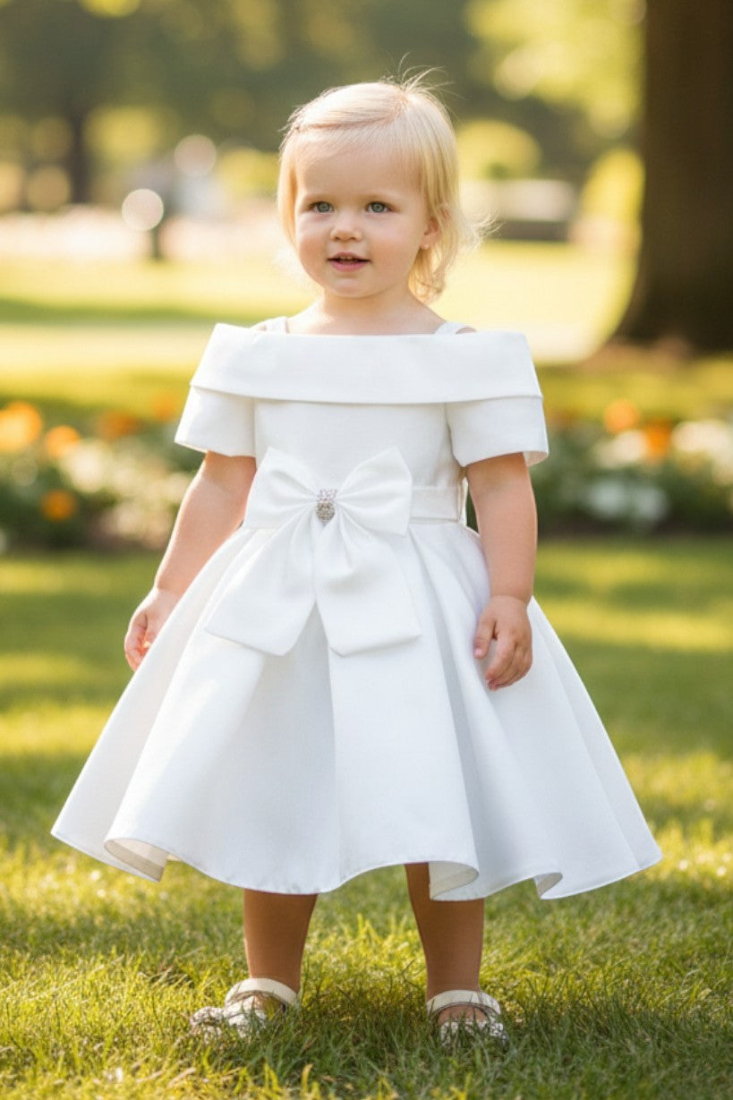 Off-the-Shoulder Knee-Length Satin Flower Girl A-Line Dress Cinderella Couture 9177B