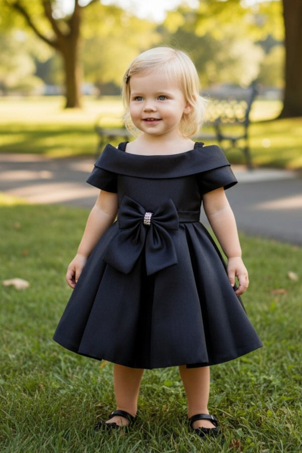 Off-the-Shoulder Knee-Length Satin Flower Girl A-Line Dress Cinderella Couture 9177B