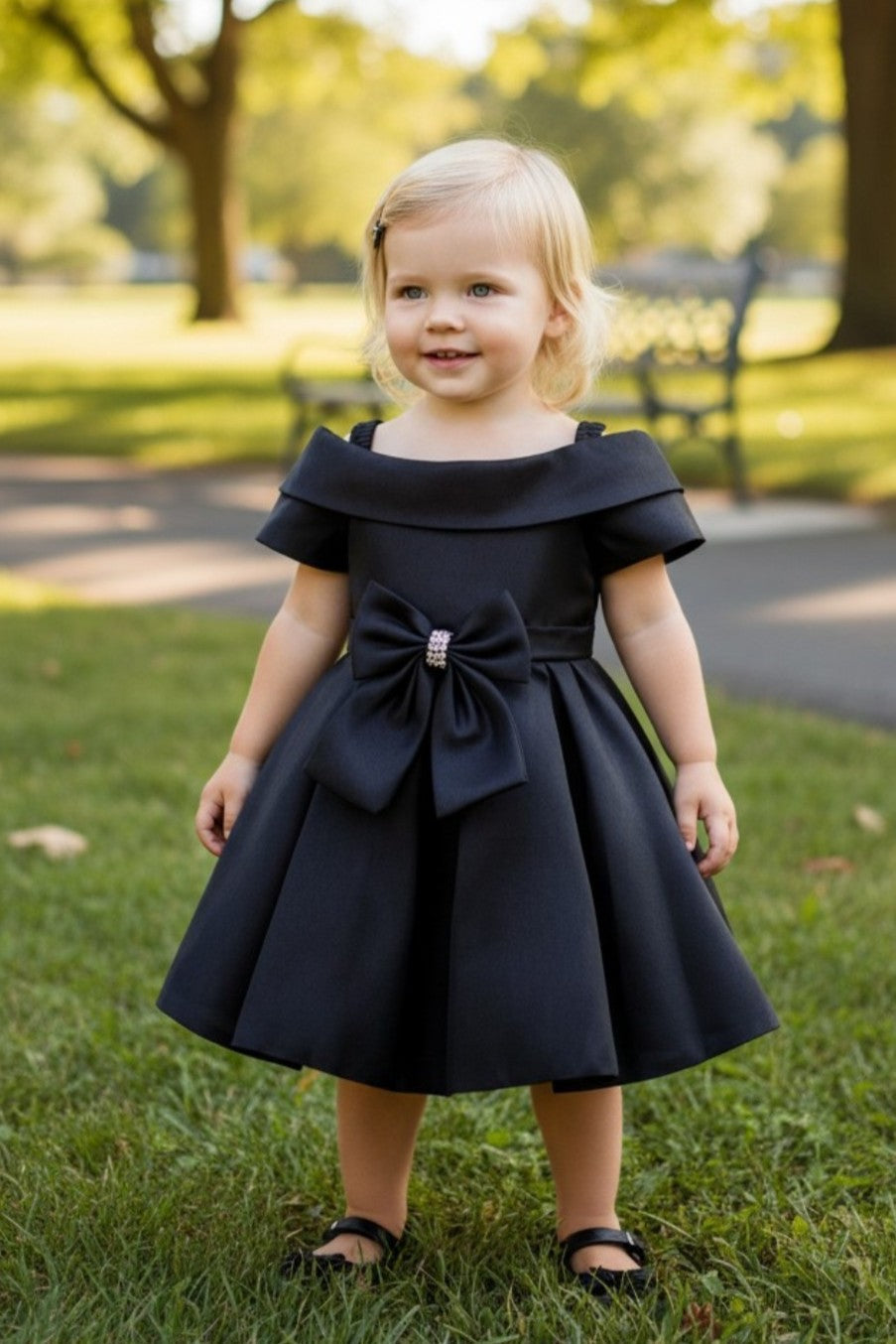 Off-the-Shoulder Knee-Length Satin Flower Girl A-Line Dress Cinderella Couture 9177B