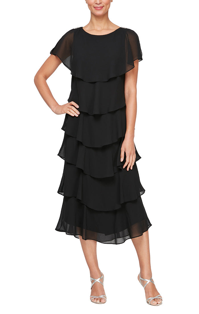 SL Fashions 9178111Mother of the Bride Caplet Tea Length Dress