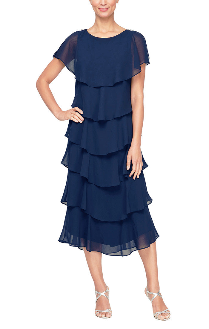 Mother of the Bride Dresses Mother of the Bride Caplet Tea Length Dress Navy