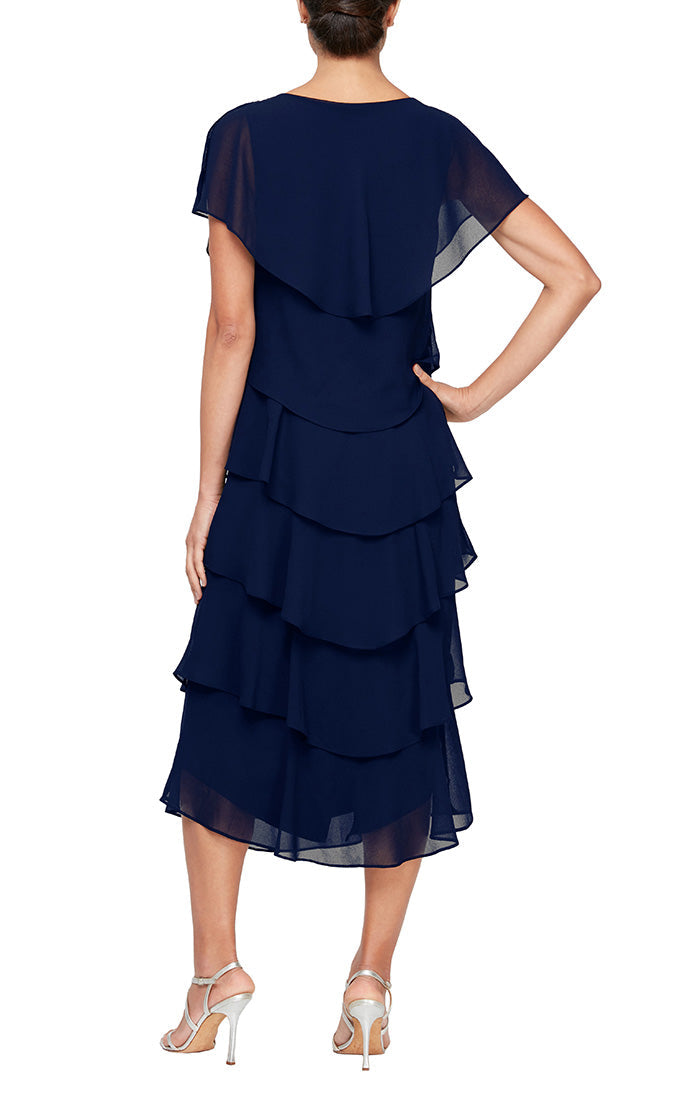Mother of the Bride Dresses Mother of the Bride Caplet Tea Length Dress Navy
