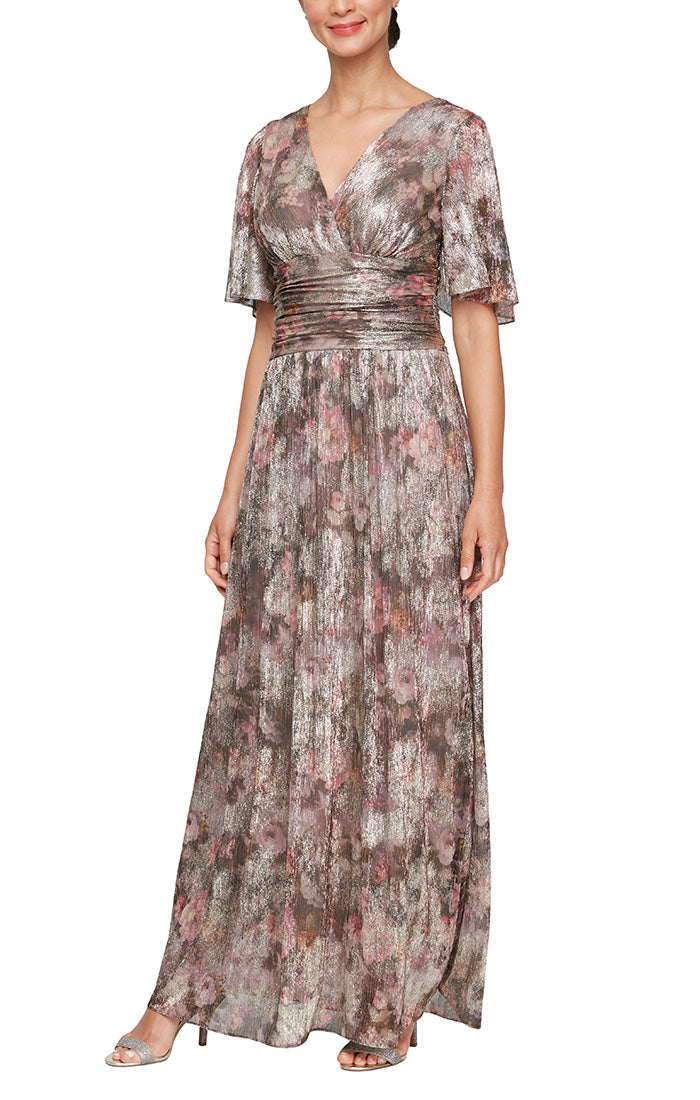 Sl Fashions Women's V-Neck Metallic A-Line Gown - Taupe Multi