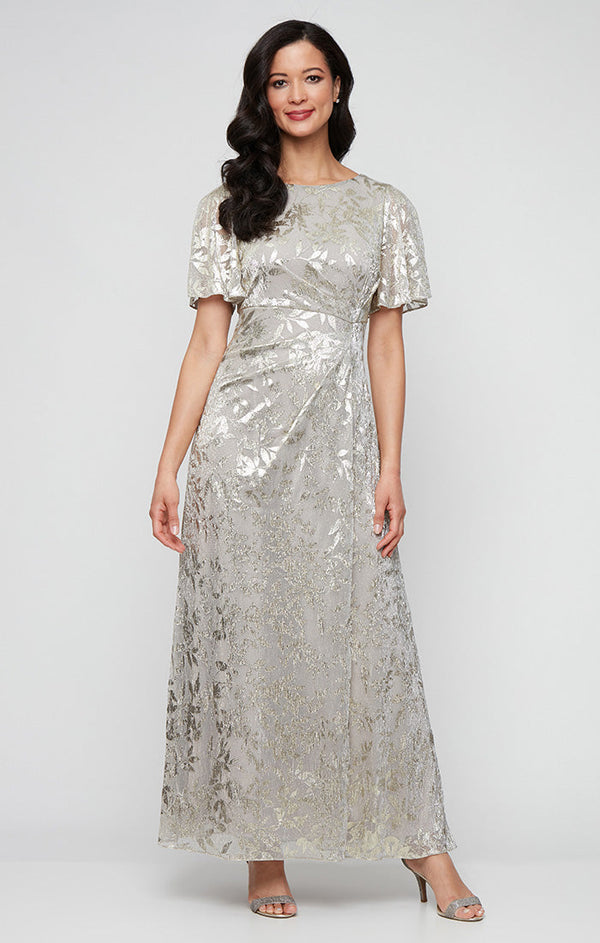 Crew-Neck Floor-Length Metallic Lace Evening Gown with Flutter Sleeves SL Fashions 9279492
