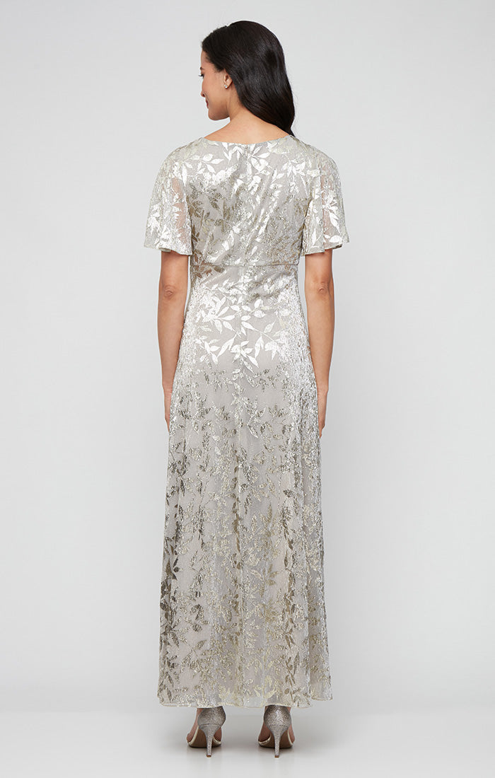 Buff Crew-Neck Floor-Length Metallic Lace Evening Gown with Flutter Sleeves SL Fashions 9279492