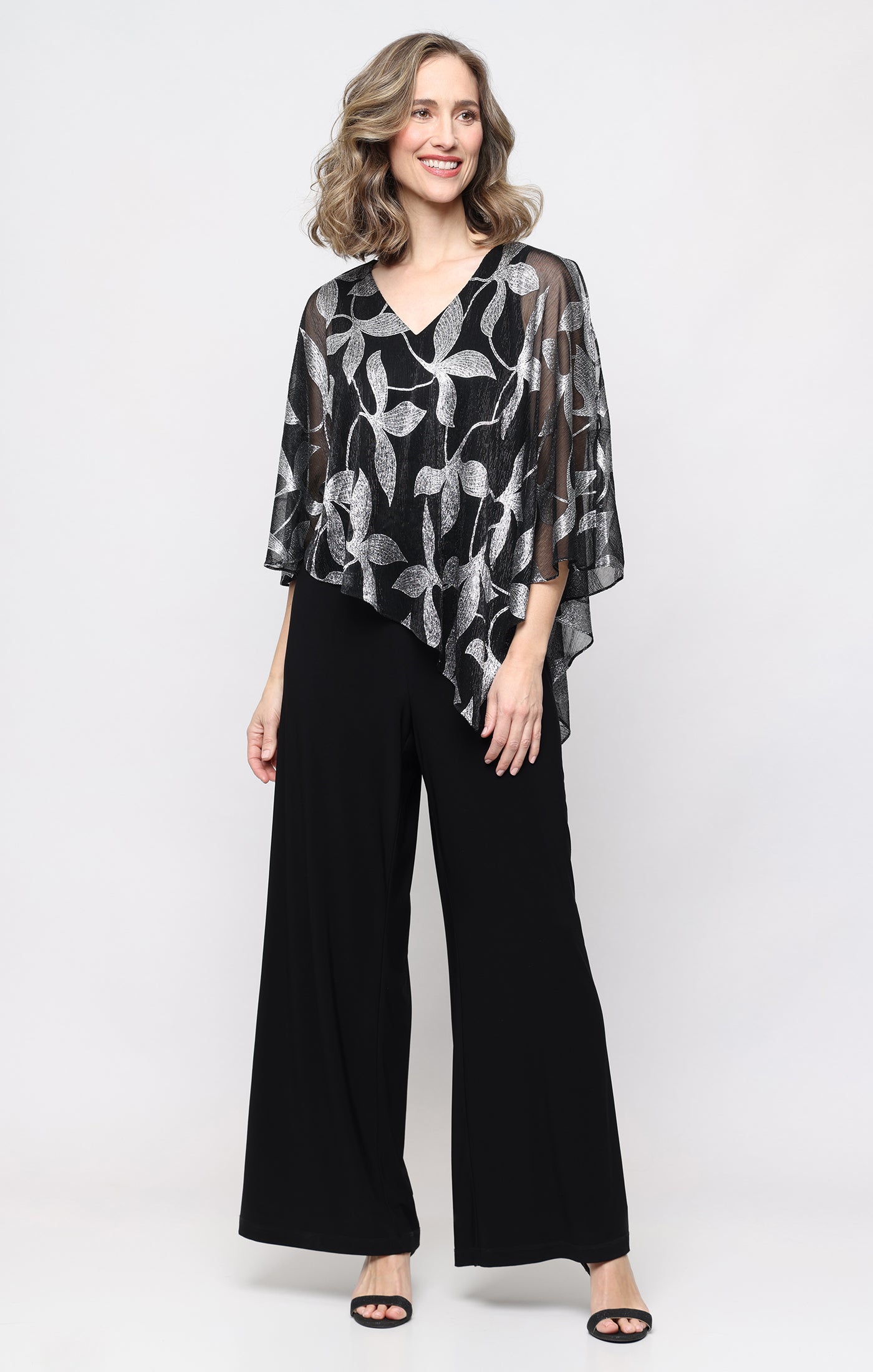 Black Silver SL Fashions 9279518 V-Neck Floor-Length Jersey Formal Jumpsuit Capelet