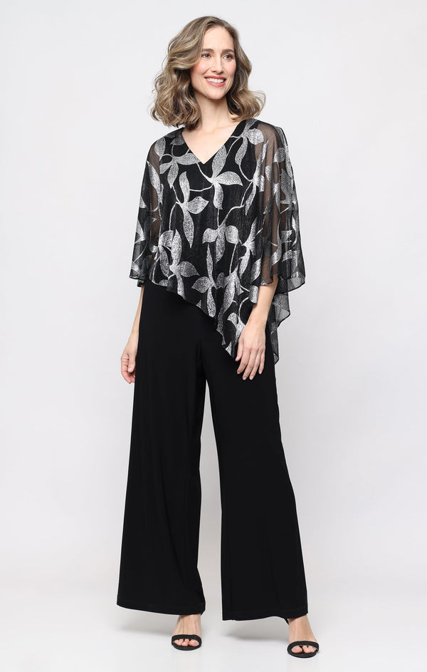 SL Fashions 9279518 V-Neck Floor-Length Jersey Formal Jumpsuit Capelet