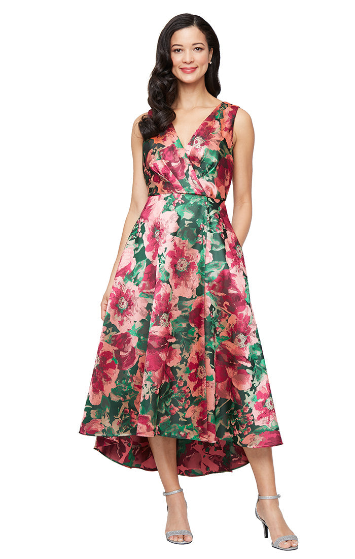 SL Fashions 9181163 High Low Print Cocktail Pleated Dress