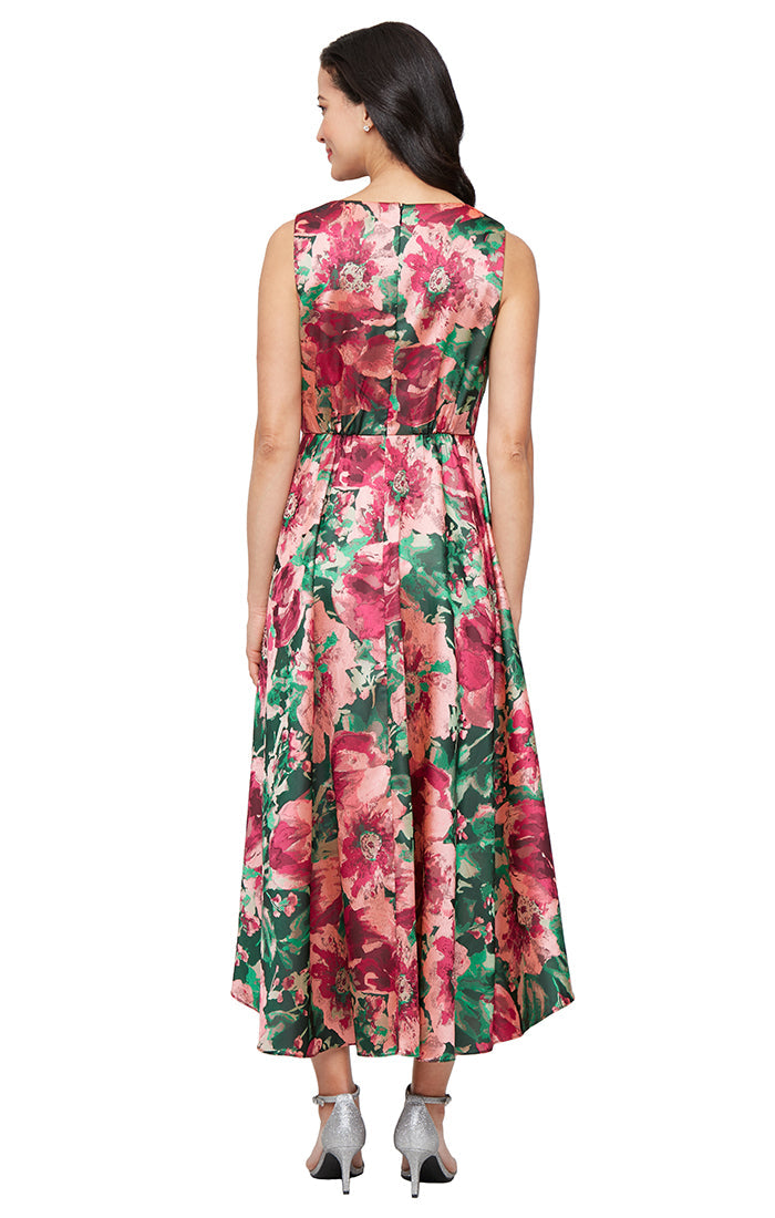 SL Fashions 9181163 High Low Print Cocktail Pleated Dress
