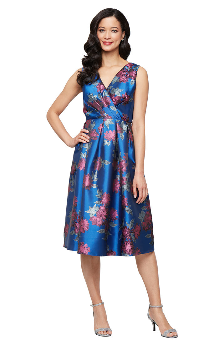 SL Fashions 9181164 Short Cocktail Printed Metallic Midi Length Dress
