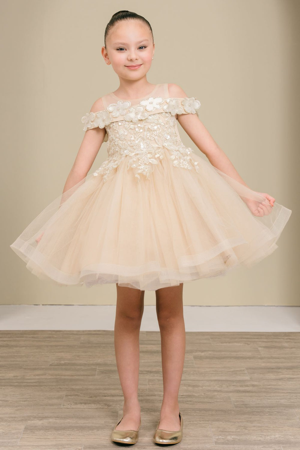 Flower Girl Dresses 3D Floral Sequin A Line Homecoming Short Flower Girl Dress Champagne