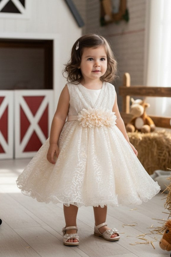 V-Neck Knee-Length Tulle Flower Girl Ball Gown Cinderella Couture 9189B