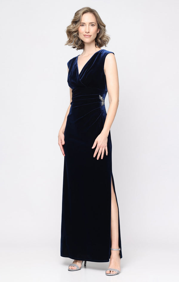 SL Fashions 9290179 V-Neck Floor-Length Velvet Evening Gown Brooch