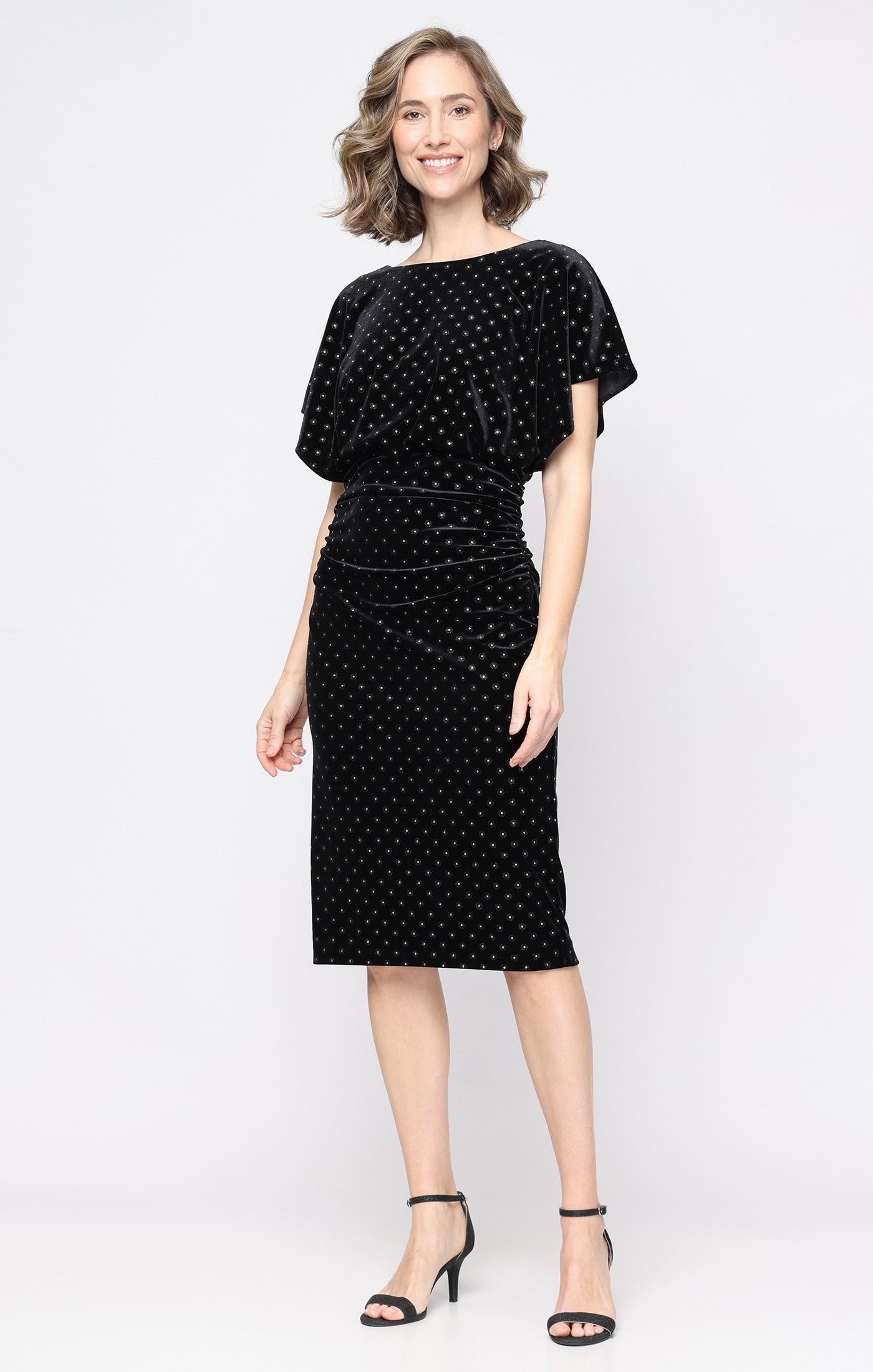 Black Gold SL Fashions 9190185 Boat Neck Midi Velvet Cocktail Dress Flutter Sleeves