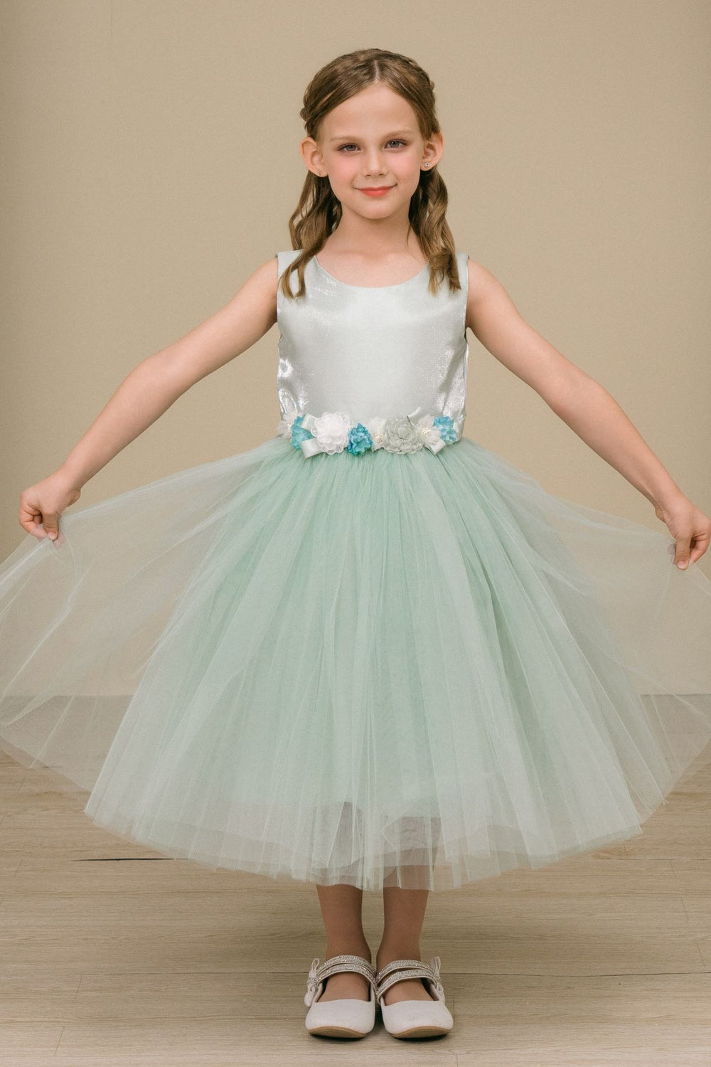 Flower Girl Dresses Floral Fitted Tea Length Flower Girl Dress Sage