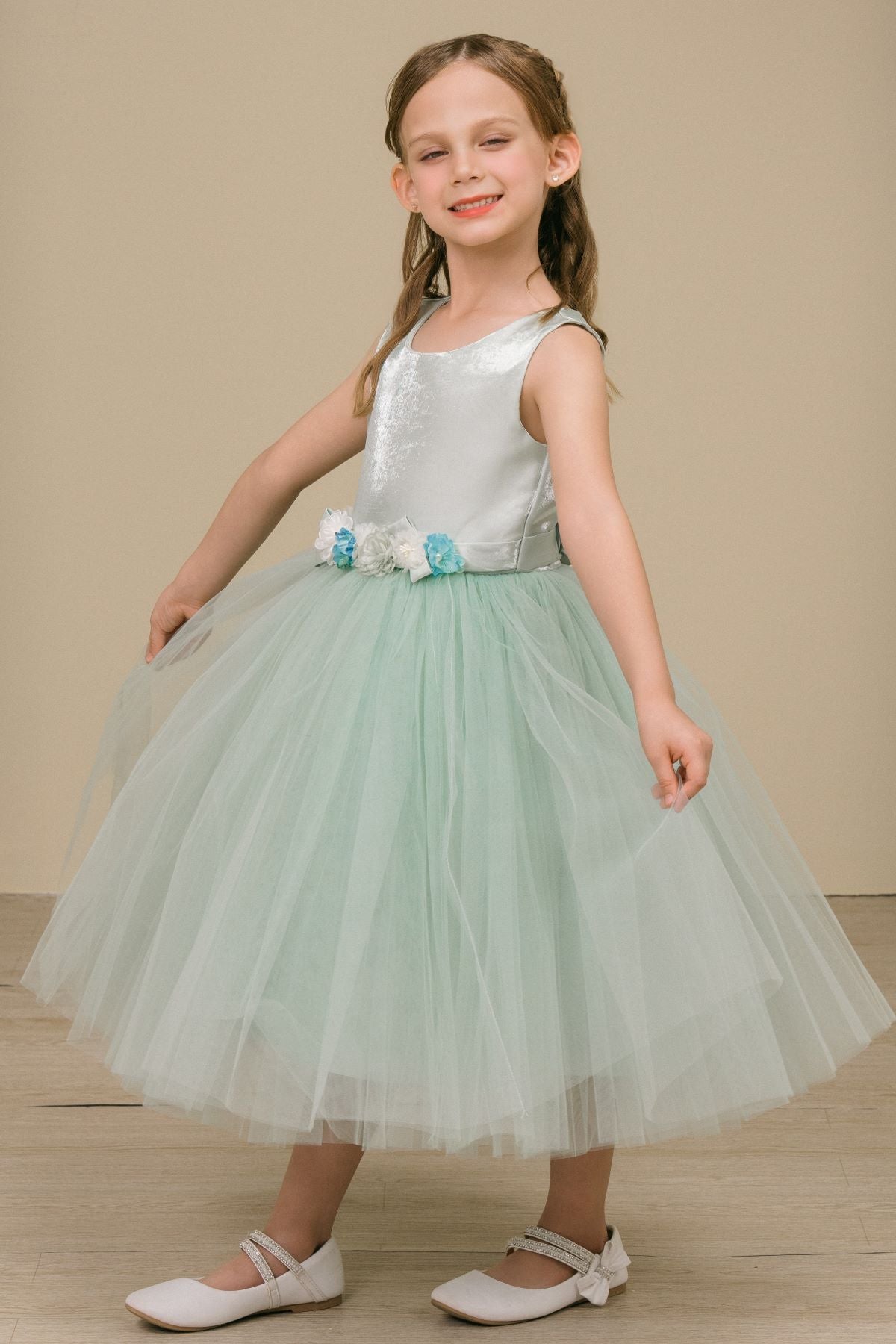 Flower Girl Dresses Floral Fitted Tea Length Flower Girl Dress Sage
