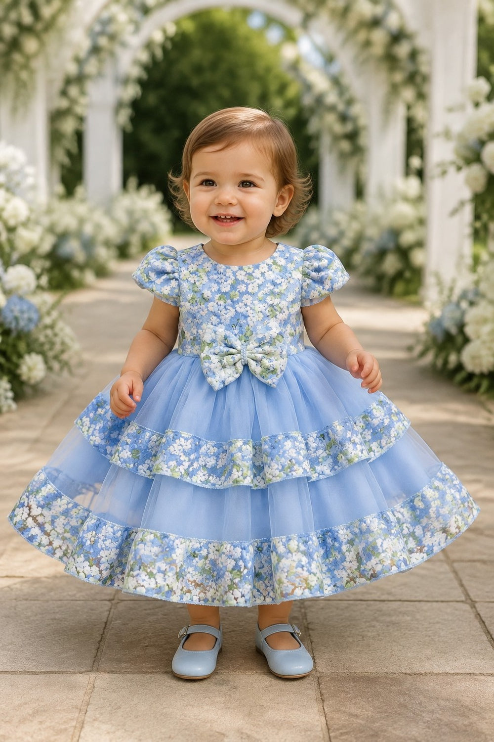Jewel Neck Puff-Sleeve Floral Tulle Toddler Ball Gown Cinderella Couture 9194B