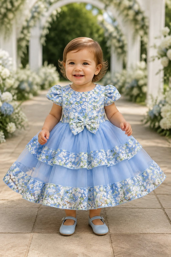 Jewel Neck Puff-Sleeve Floral Tulle Toddler Ball Gown Cinderella Couture 9194B