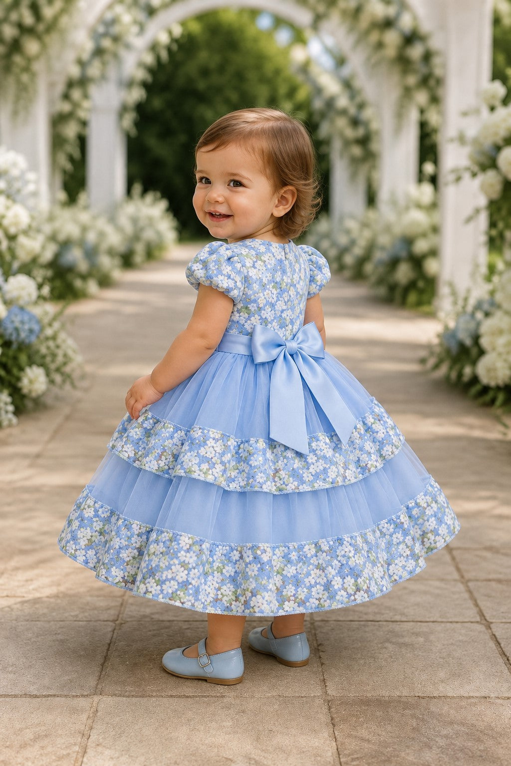 Jewel Neck Puff-Sleeve Floral Tulle Toddler Ball Gown Cinderella Couture 9194B