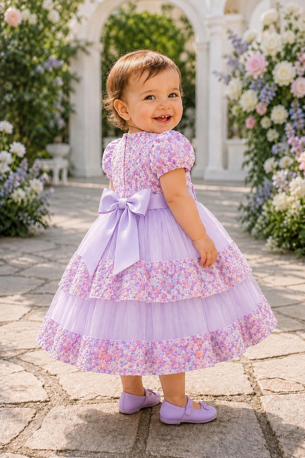 Jewel Neck Puff-Sleeve Floral Tulle Toddler Ball Gown Cinderella Couture 9194B