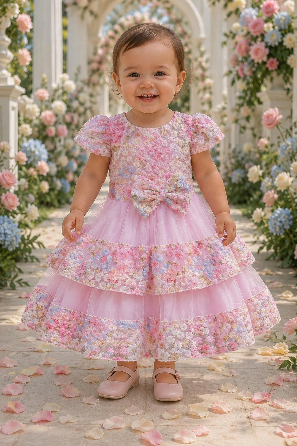 Jewel Neck Puff-Sleeve Floral Tulle Toddler Ball Gown Cinderella Couture 9194B