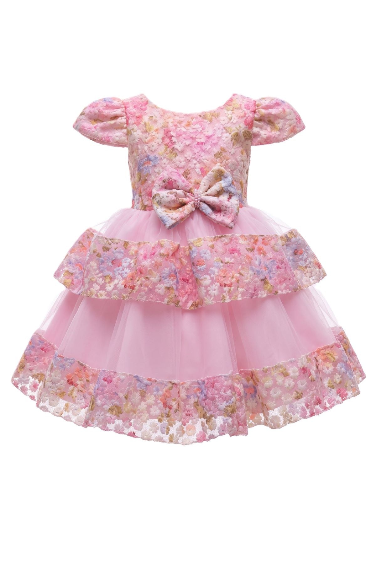 Jewel Neck Puff-Sleeve Floral Tulle Toddler Ball Gown Cinderella Couture 9194B