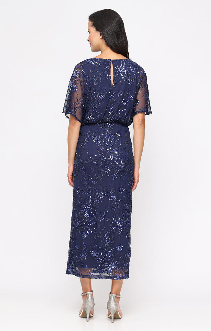 SL Fashions Women's Sequined Blouson Midi Dress - Navy - 14