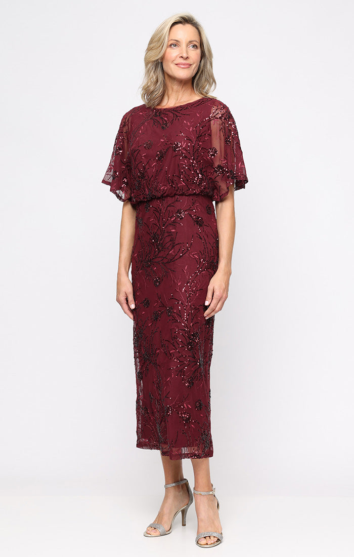 burgundy mother of the bride dress tea length SL Fashions Women's Sequined Blouson Midi Dress - Navy