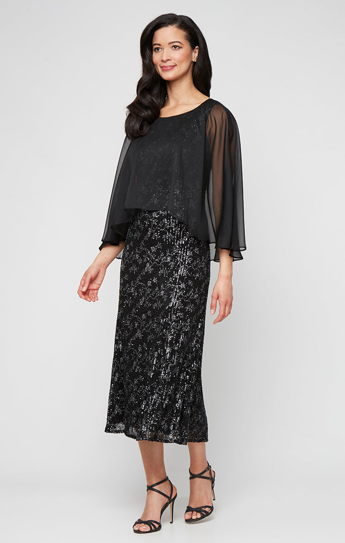 Mother of the Bride Dresses Printed Sequin Mother of the Bride Tea Length Dress BLACK SILVER
