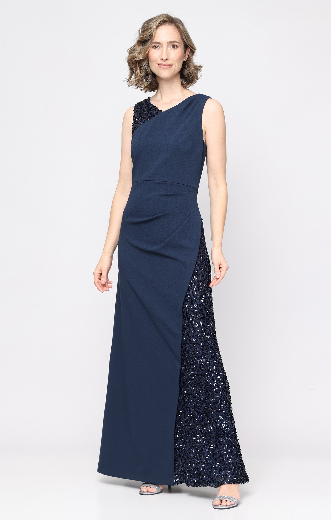 Navy SL Fashions 9296531 Asymmetrical Neck Floor-Length Crepe Formal Dress Sequin
