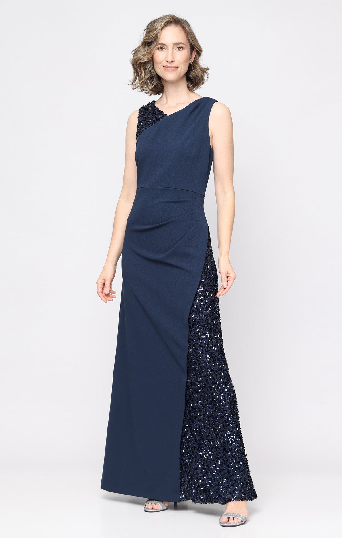 Navy SL Fashions 9296531 Asymmetrical Neck Floor-Length Crepe Formal Dress Sequin