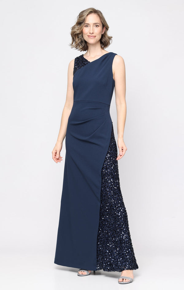 SL Fashions 9296531 Asymmetrical Neck Floor-Length Crepe Formal Dress Sequin