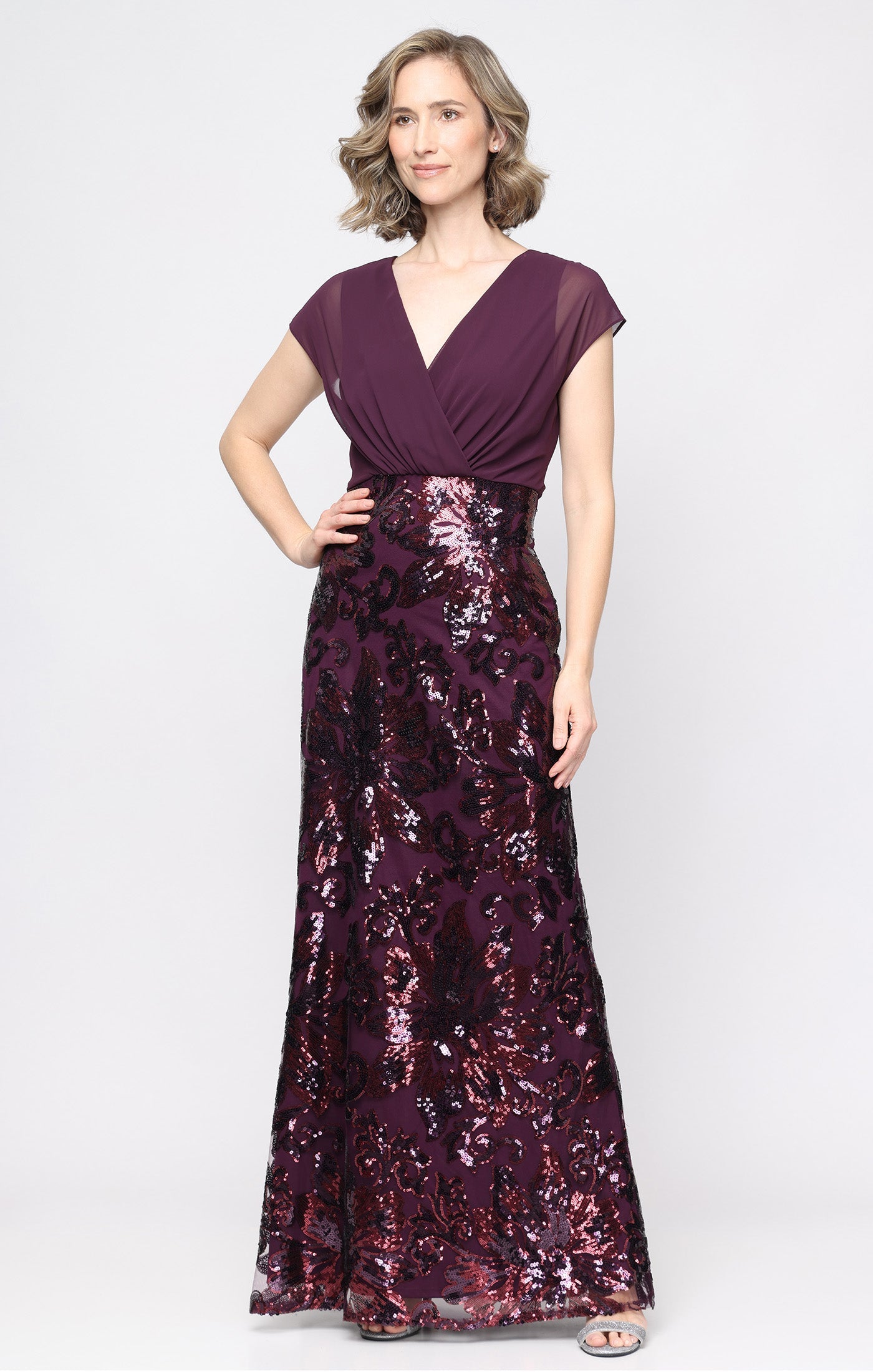 Aubergine SL Fashions 9296546 V-Neck Floor-Length Chiffon Evening Dress Sequin