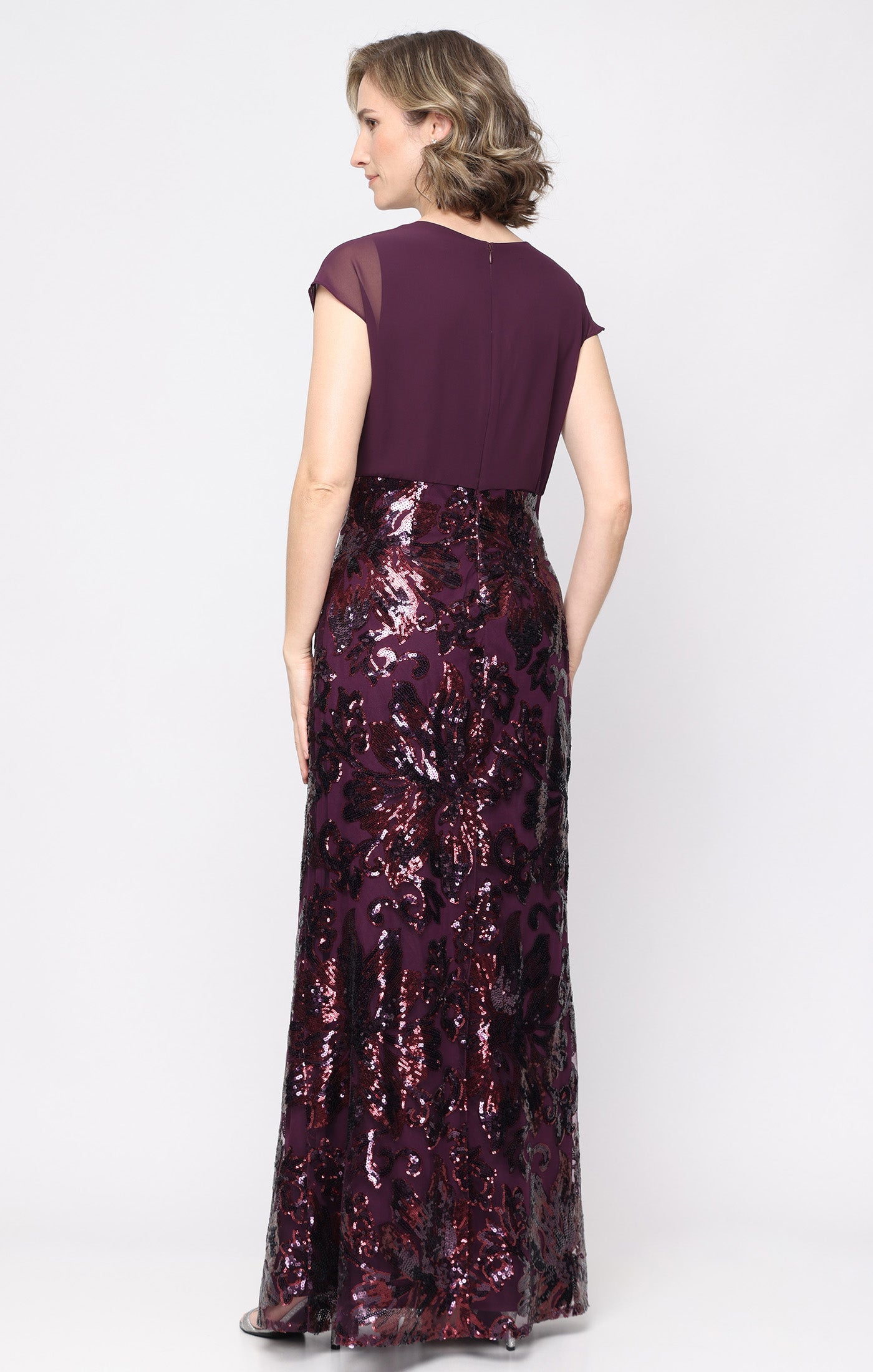 Aubergine SL Fashions 9296546 V-Neck Floor-Length Chiffon Evening Dress Sequin