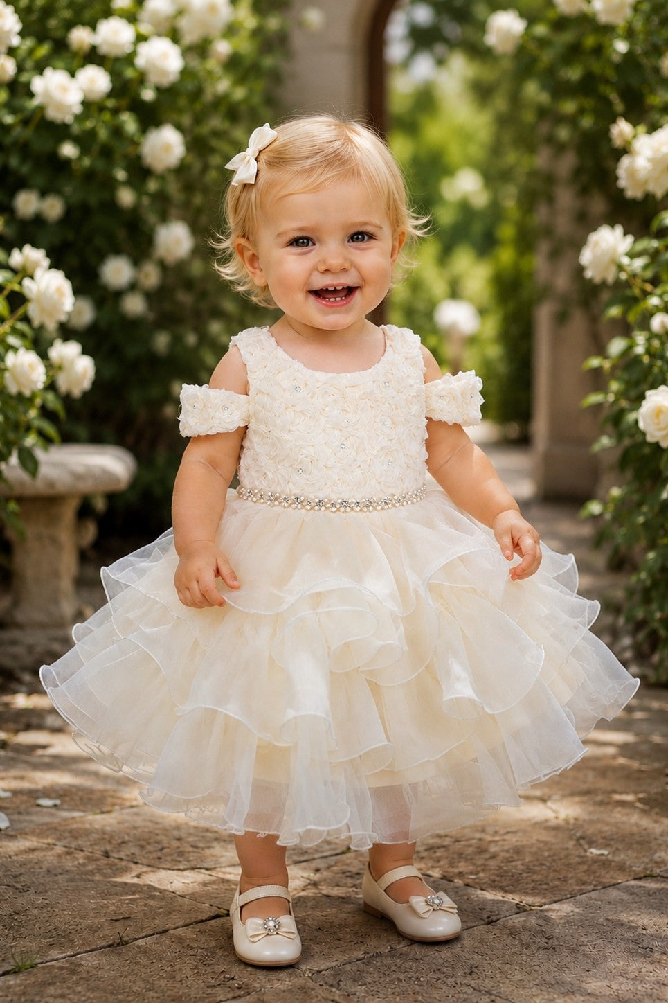Floral Cold-Shoulder Tea-Length Organza Baby Ball Gown Cinderella Couture 9196B
